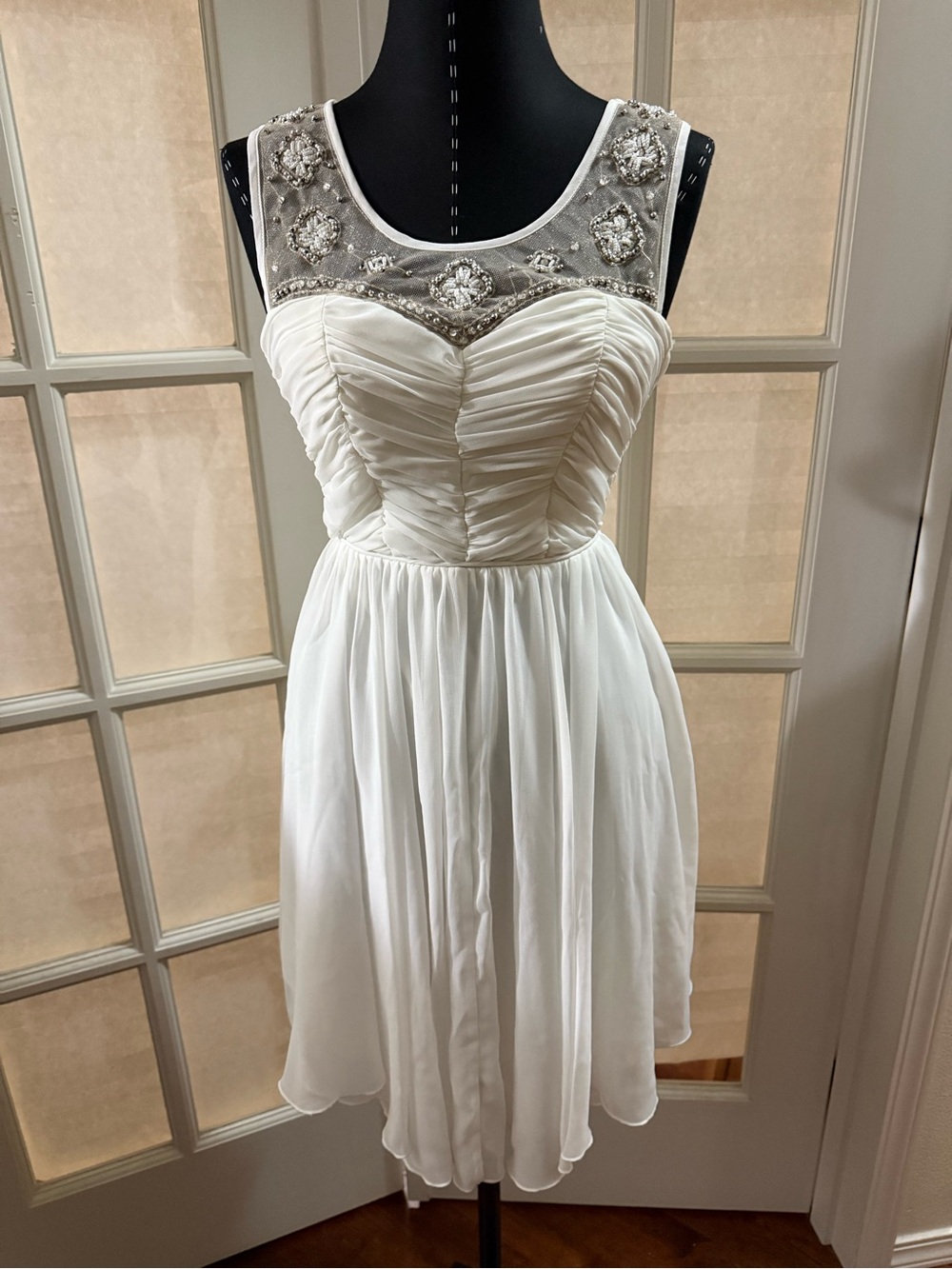 Junior Size White Embellished Mesh Yoke Cocktail Dress